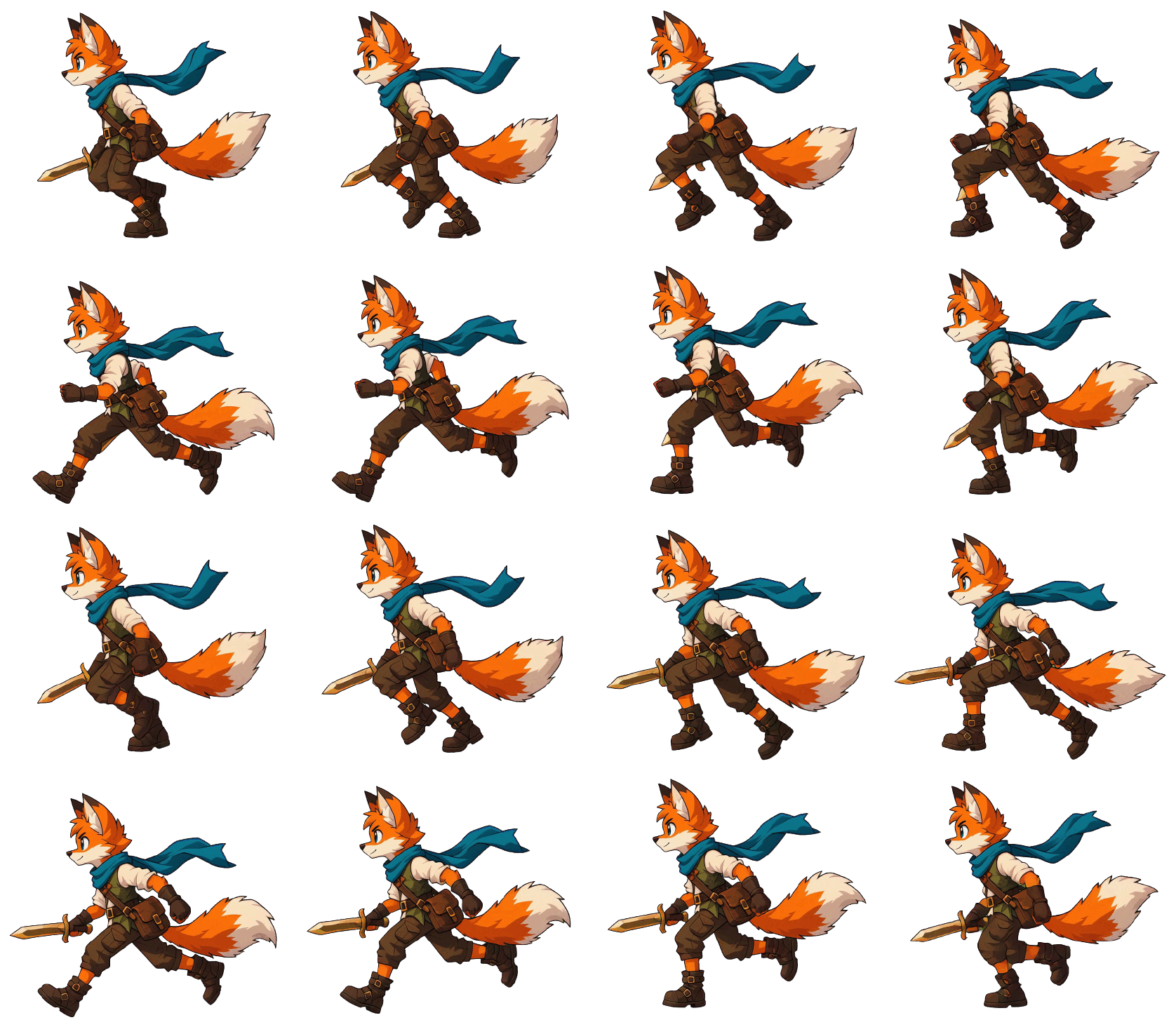 A side-on fox courier running across a transparent sprite sheet