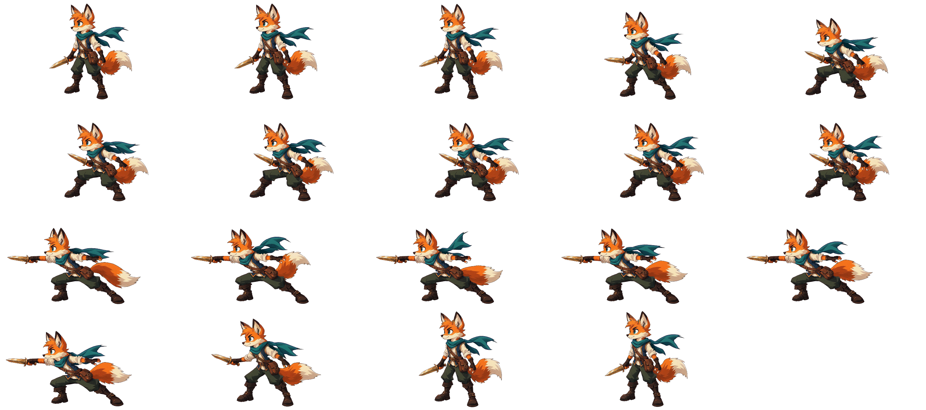 A three-quarter fox courier attacking across a transparent sprite sheet